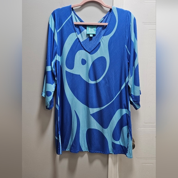 Escapada Blue Abstract Print Rayon Tunic Top XL - Picture 2 of 6